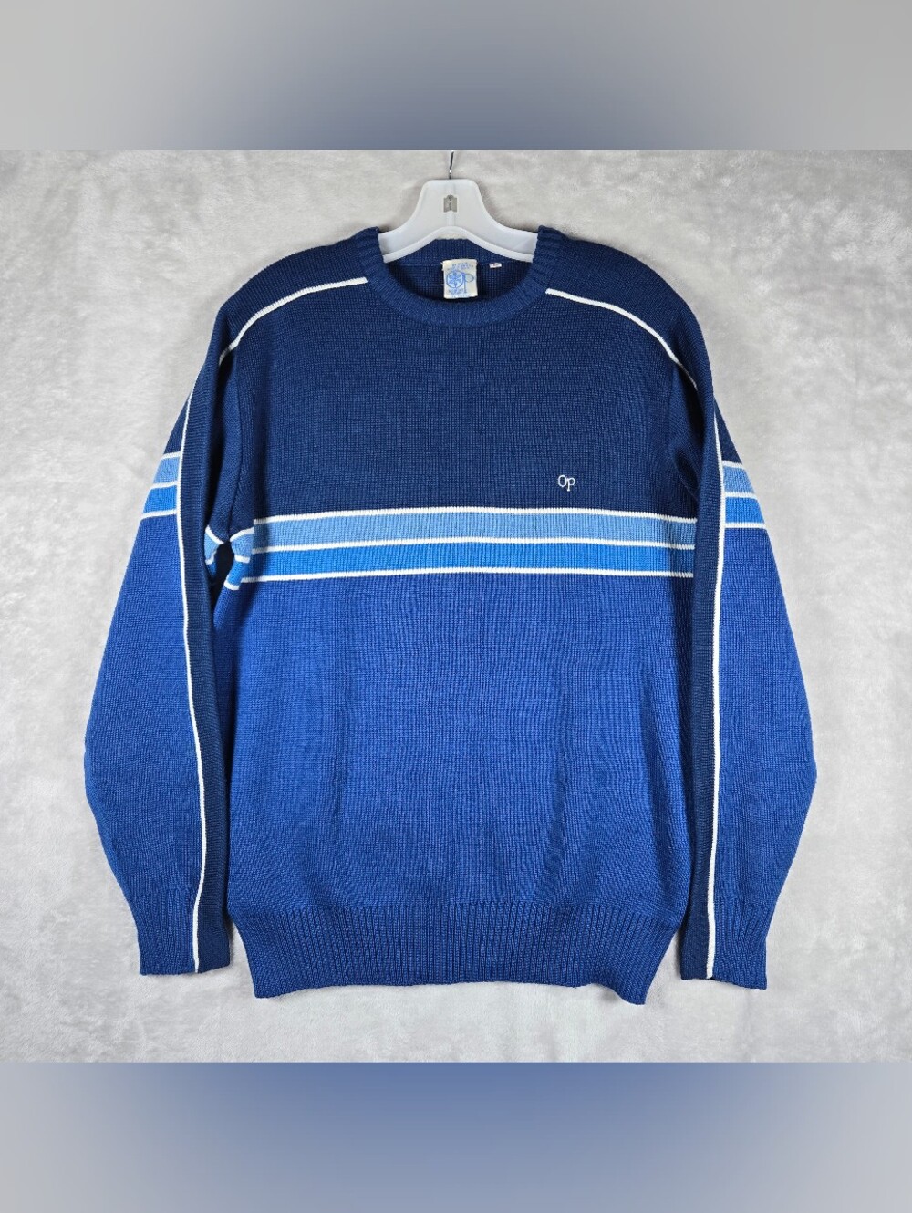 Vintage OP Ocean Pacific Knit Crewneck Sweater Mens Large Striped Blue 80"s 90"s
